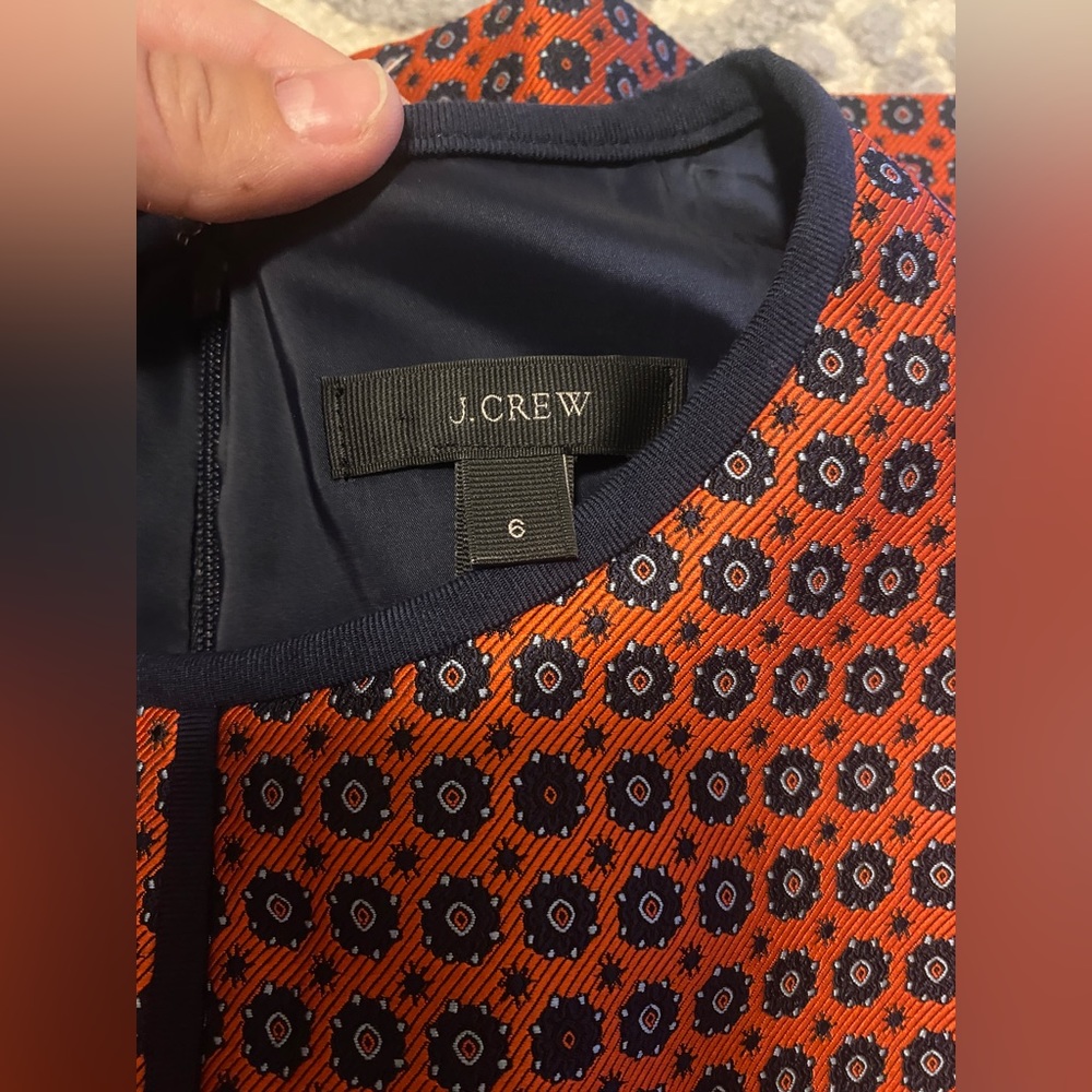 J. Crew Paneled Sheath Dress Red and Navy Geometric Satin Foulard Print - Picture 2 of 9